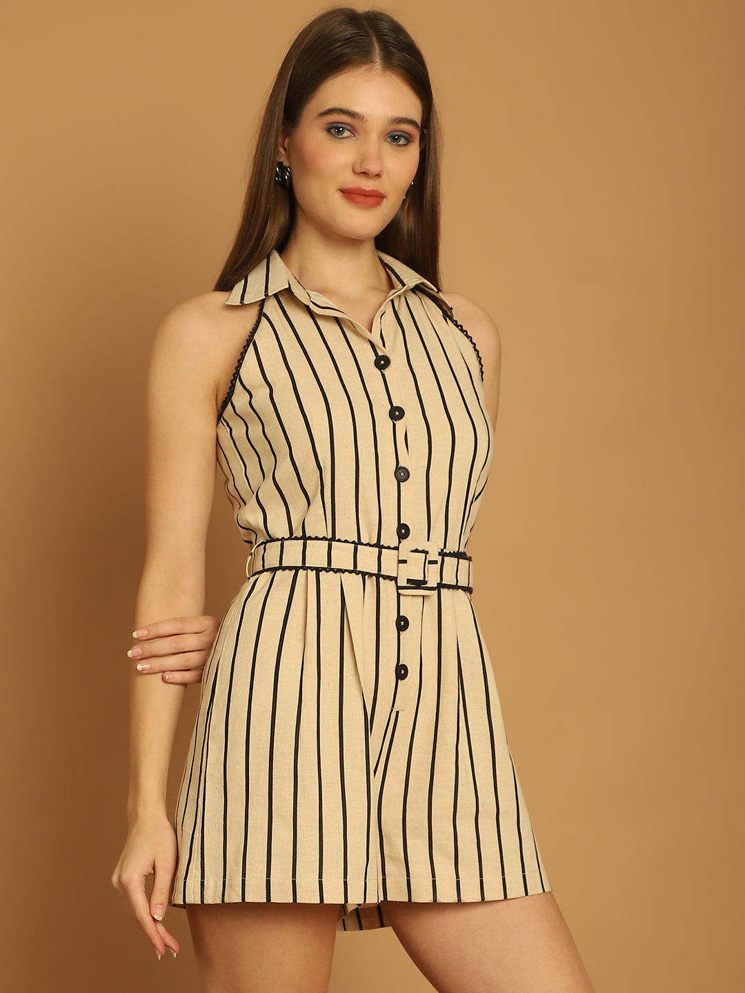 BLANC9 Beige & Black Striper Playsuit-B9PS02