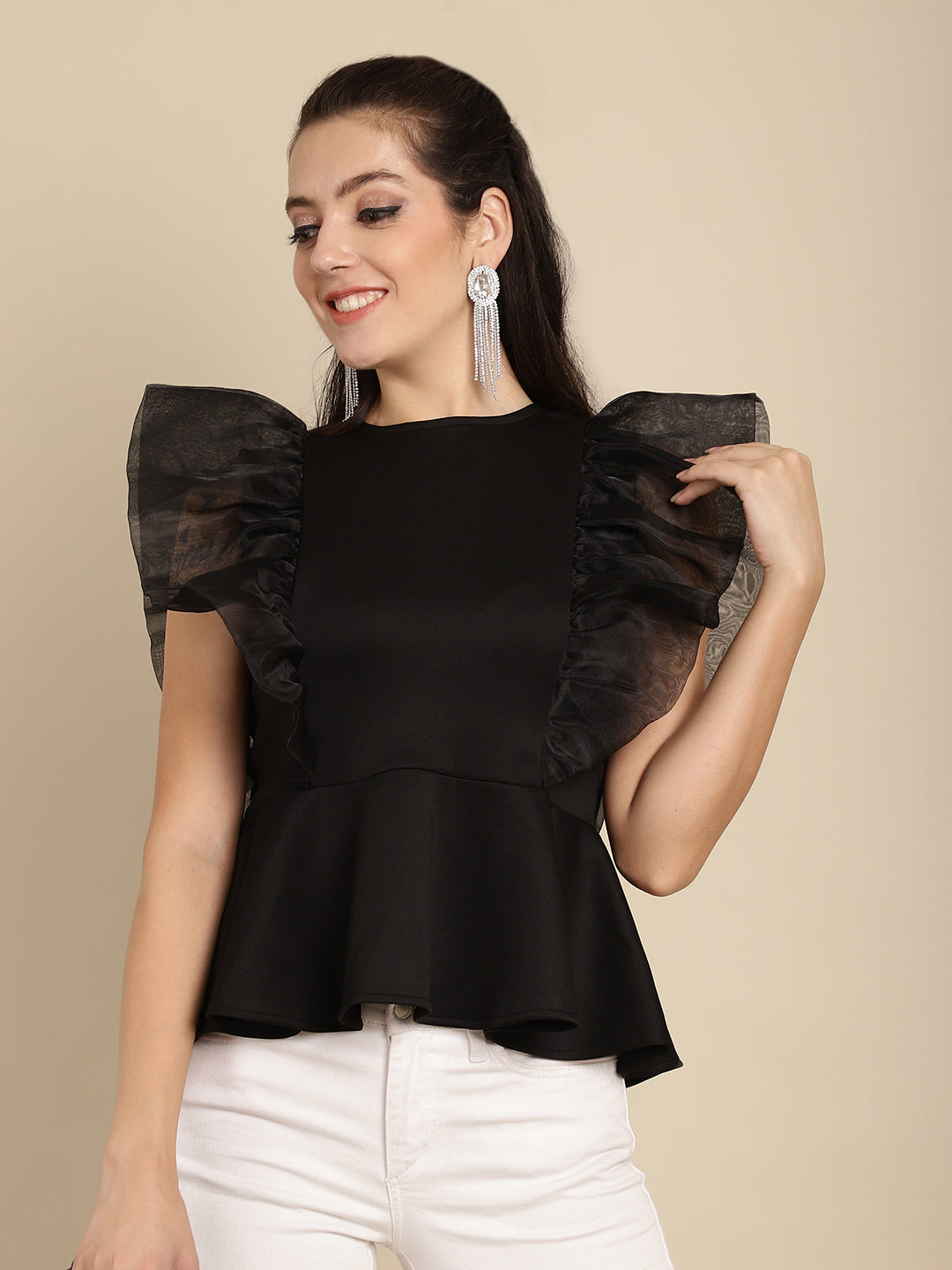 BLANC9 Black Peplum Top With Organza Frills-B9TP174B