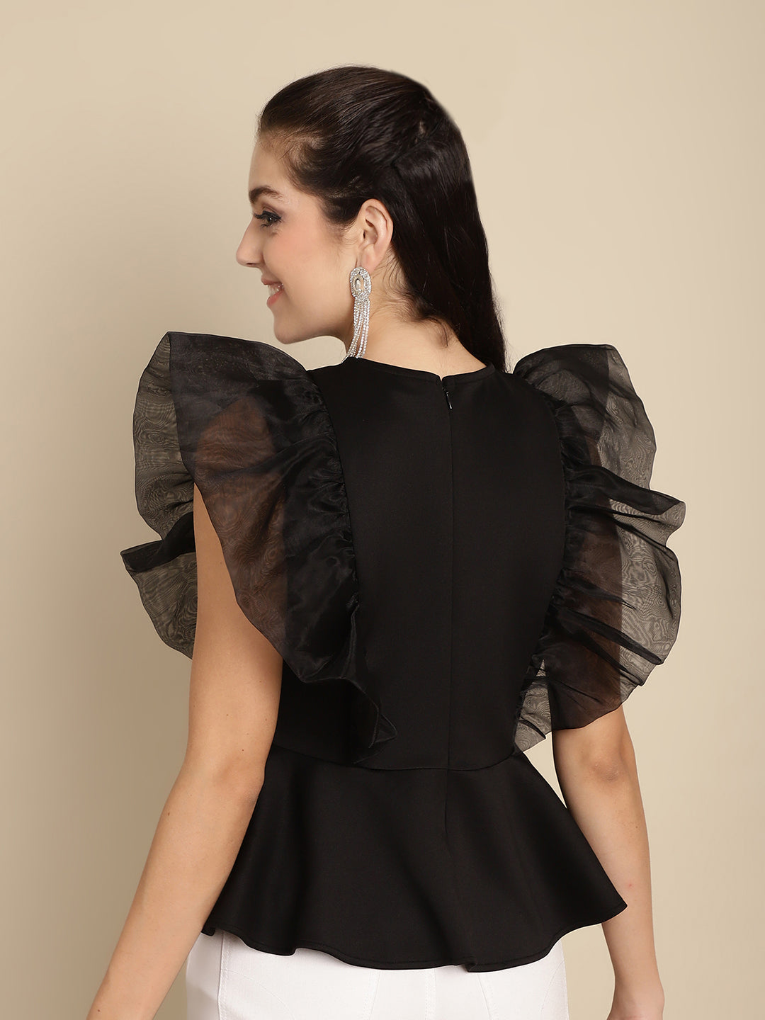 BLANC9 Black Peplum Top With Organza Frills-B9TP174B