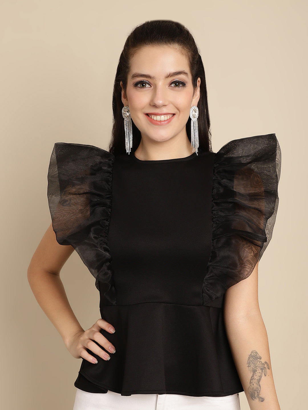 BLANC9 Black Peplum Top With Organza Frills-B9TP174B