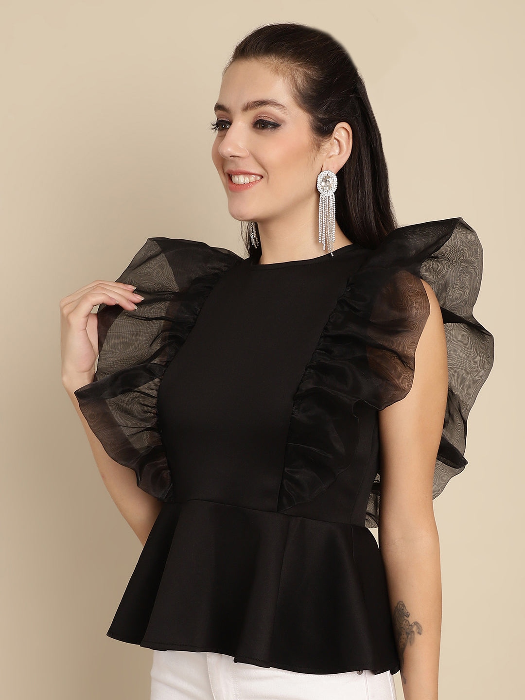 BLANC9 Black Peplum Top With Organza Frills-B9TP174B