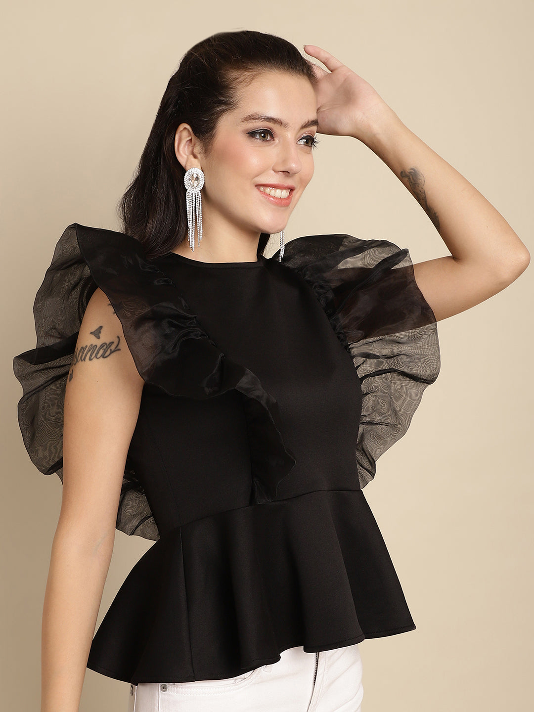 BLANC9 Black Peplum Top With Organza Frills-B9TP174B