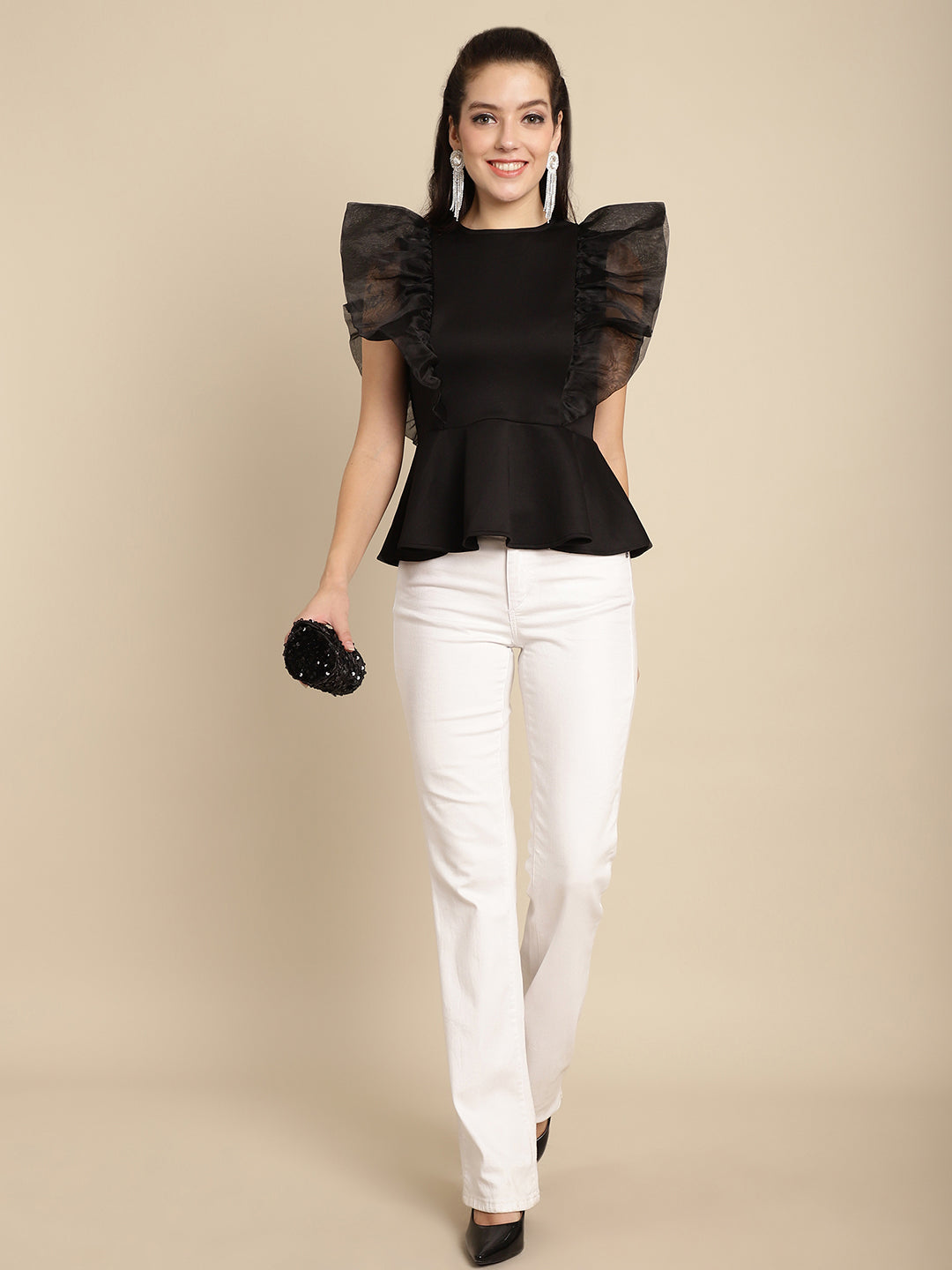 BLANC9 Black Peplum Top With Organza Frills-B9TP174B