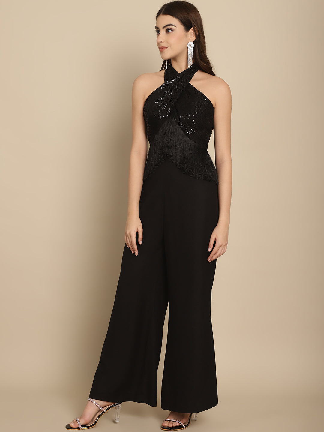 BLANC9 Black Sequins Wrap Top With Trouser-B9ST169