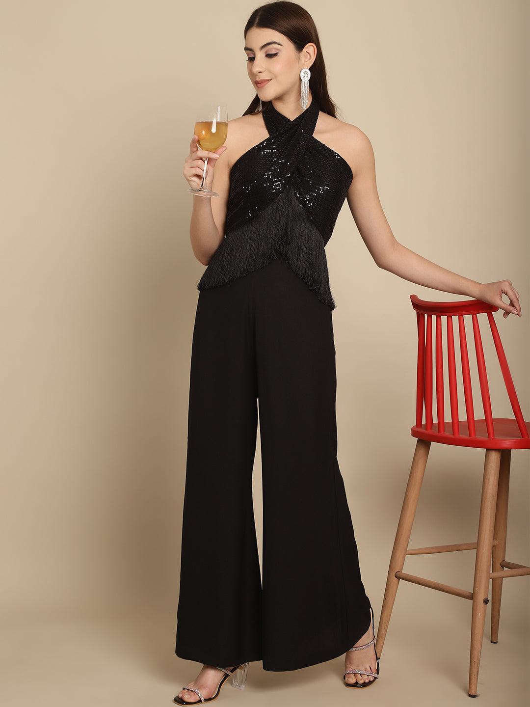 BLANC9 Black Sequins Wrap Top With Trouser-B9ST169