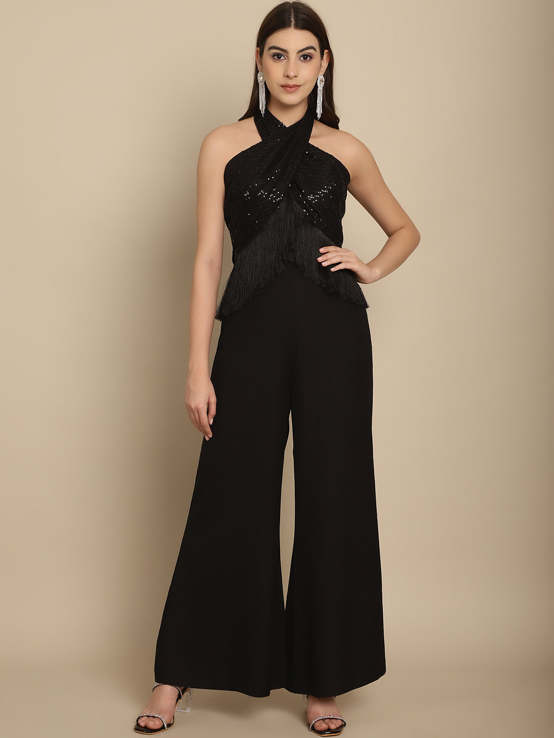 BLANC9 Black Sequins Wrap Top With Trouser-B9ST169