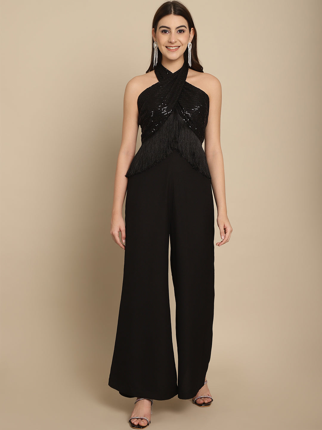 BLANC9 Black Sequins Wrap Top With Trouser-B9ST169