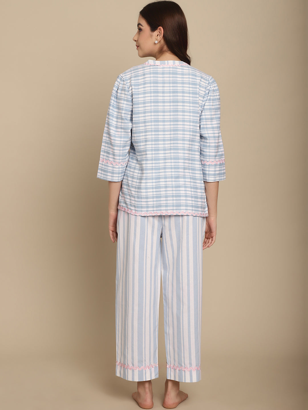BLANC9 Check & Stripe Nightwear With Pink Lace-B9NW91