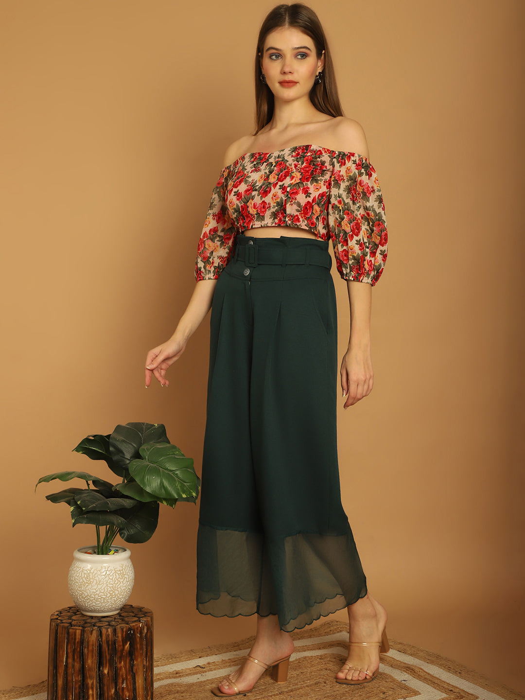 BLANC9 Floral Off-Shoulder Top With Organza Detail Trouser -B9ST174