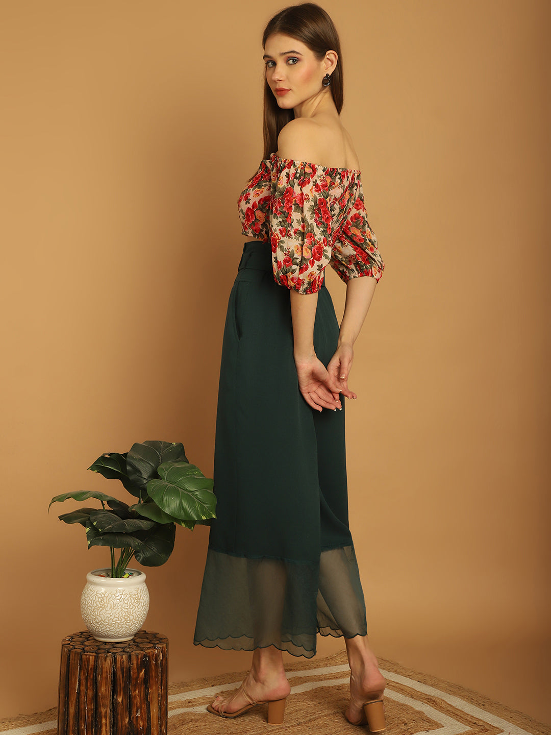 BLANC9 Floral Off-Shoulder Top With Organza Detail Trouser -B9ST174