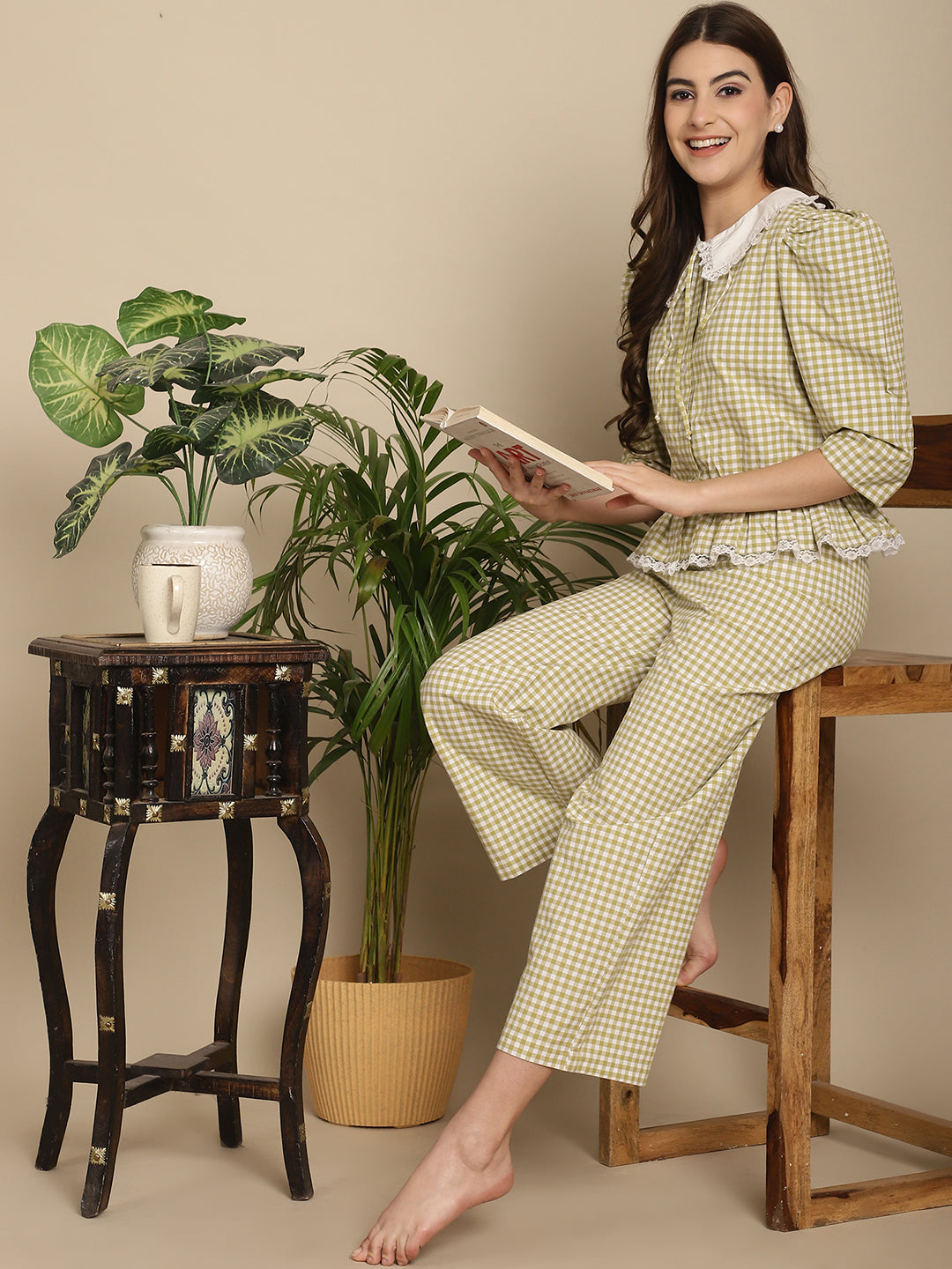 BLANC9 Green Checkered Nightwear With Peter Pan Collar-B9NW90