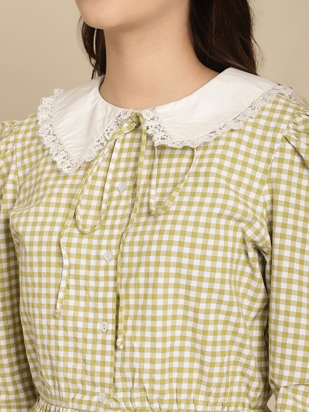 BLANC9 Green Checkered Nightwear With Peter Pan Collar-B9NW90