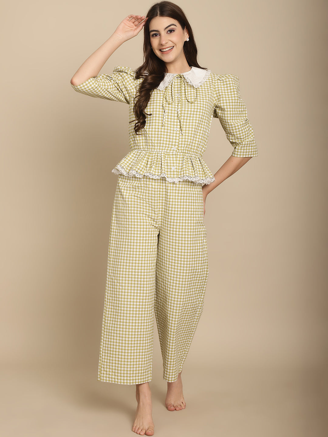 BLANC9 Green Checkered Nightwear With Peter Pan Collar-B9NW90