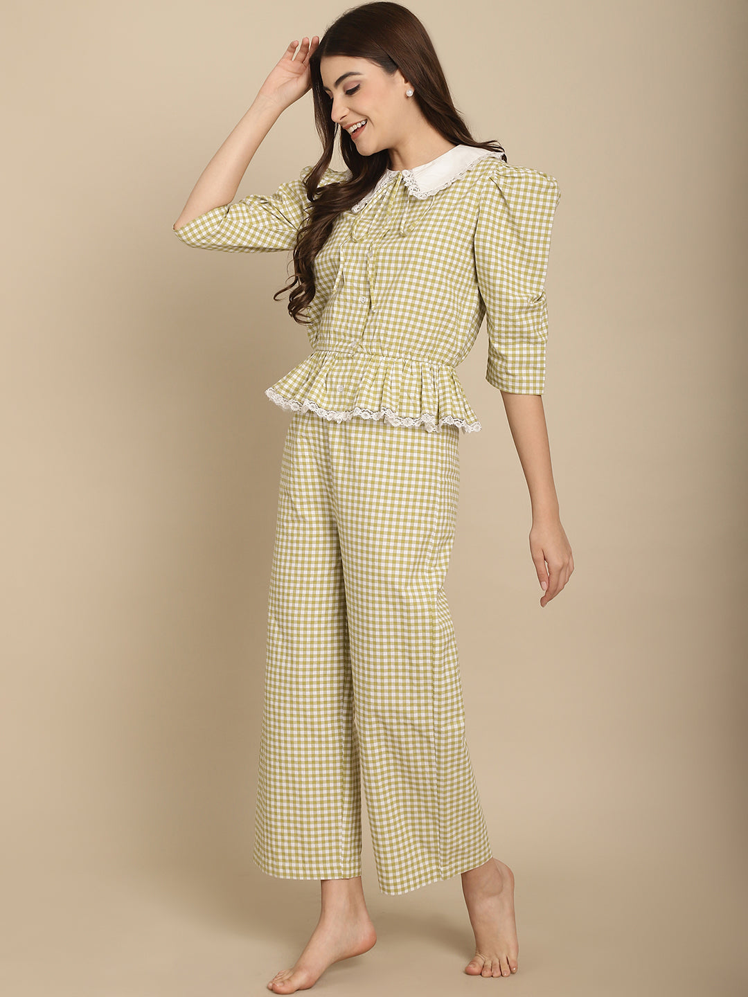 BLANC9 Green Checkered Nightwear With Peter Pan Collar-B9NW90