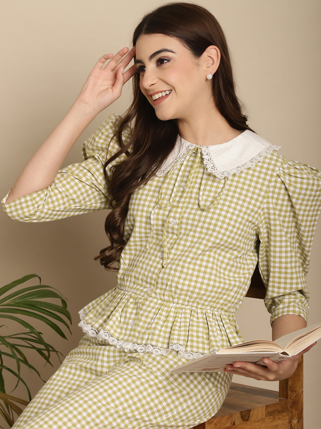 BLANC9 Green Checkered Nightwear With Peter Pan Collar-B9NW90