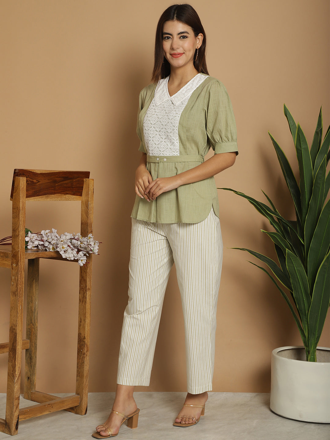 BLANC9 Laced Peter Pan Collar Top  With Stripe Trouser-B9ST177