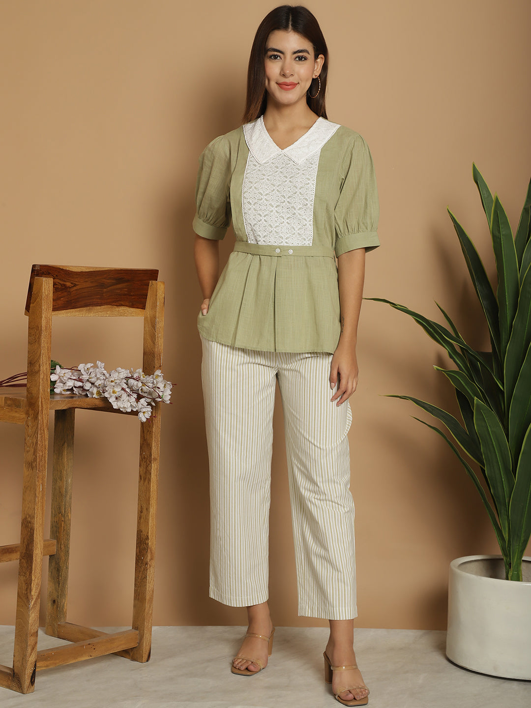 BLANC9 Laced Peter Pan Collar Top  With Stripe Trouser-B9ST177
