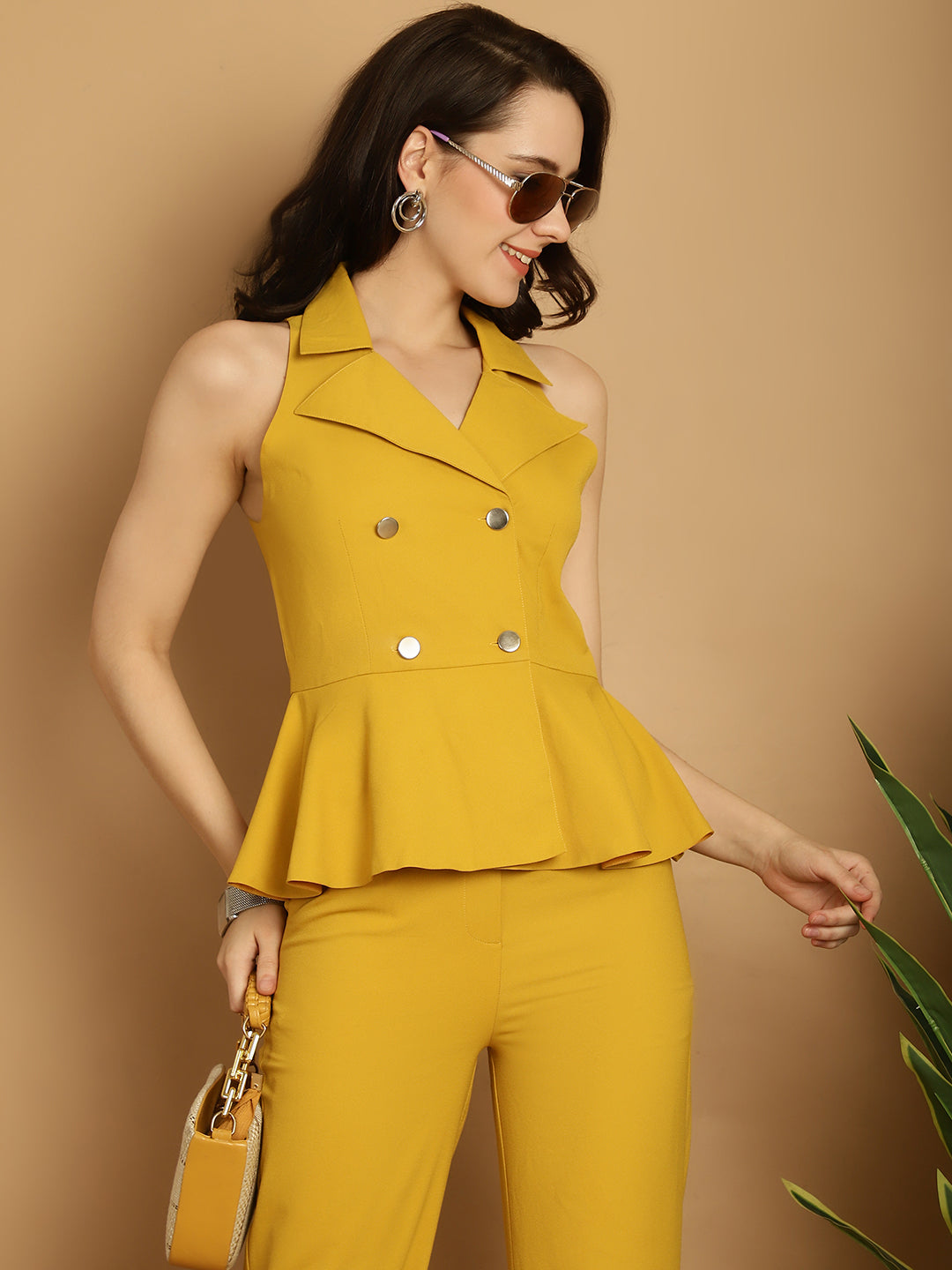 BLANC9 Mustard Yellow Peplum Blazer Top With Trouser -B9ST74Y