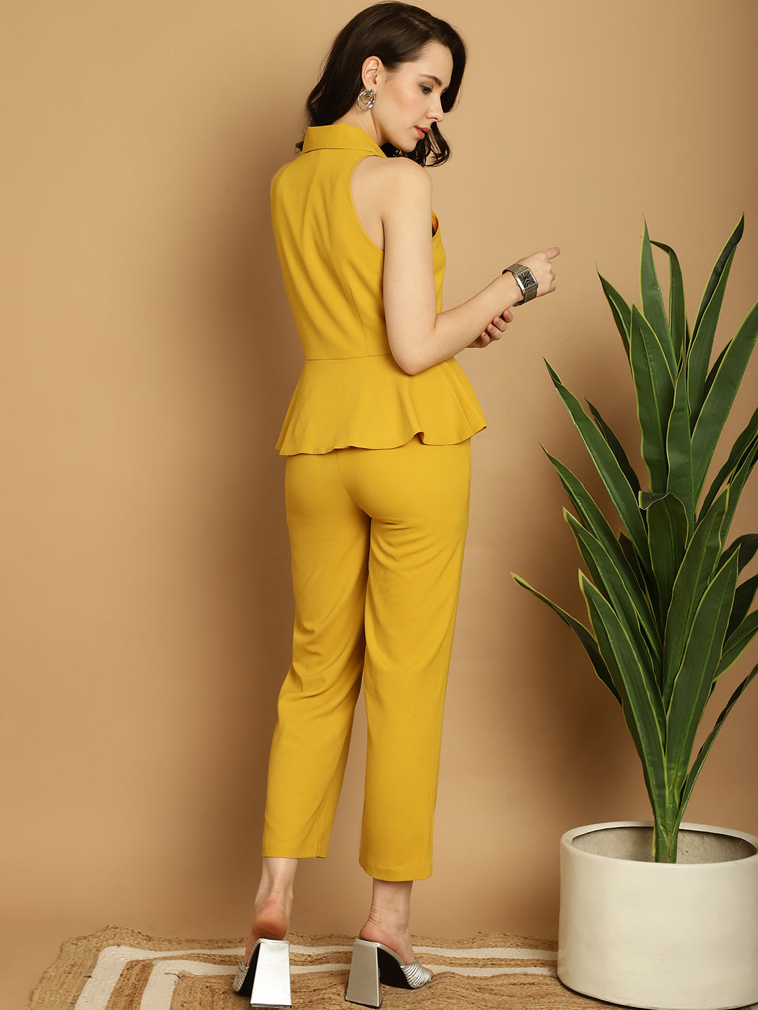 BLANC9 Mustard Yellow Peplum Blazer Top With Trouser -B9ST74Y