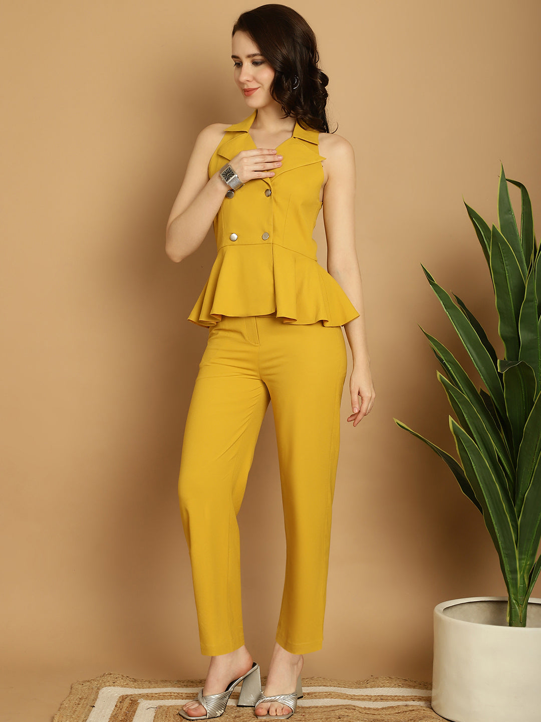 BLANC9 Mustard Yellow Peplum Blazer Top With Trouser -B9ST74Y