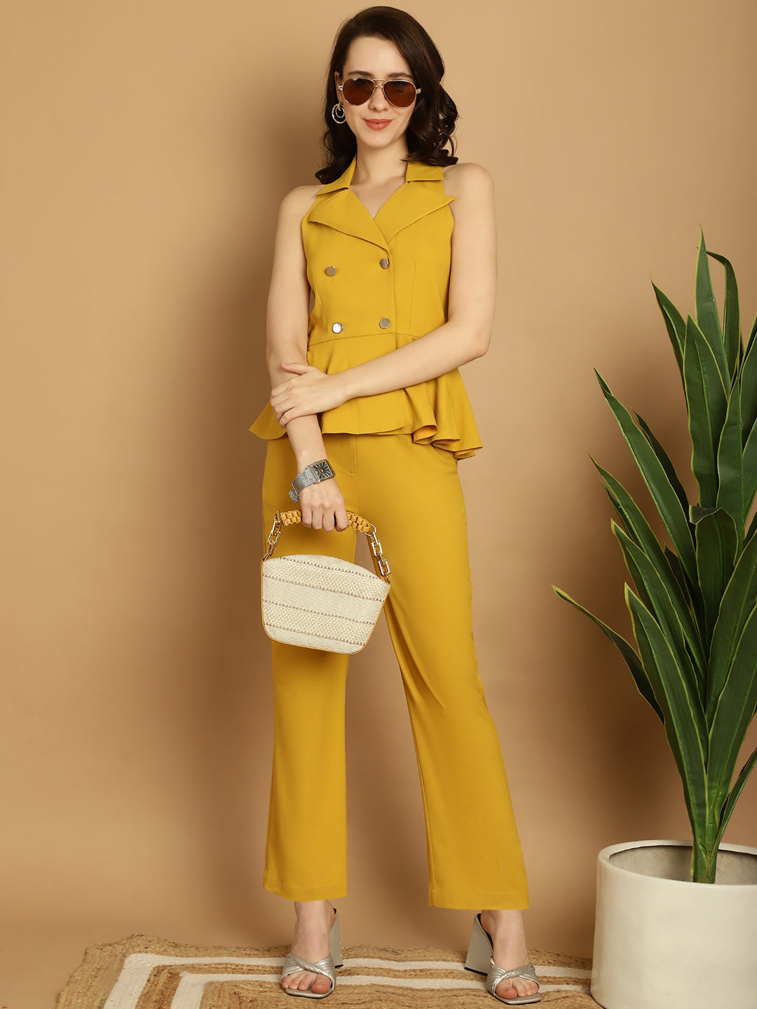 BLANC9 Mustard Yellow Peplum Blazer Top With Trouser -B9ST74Y
