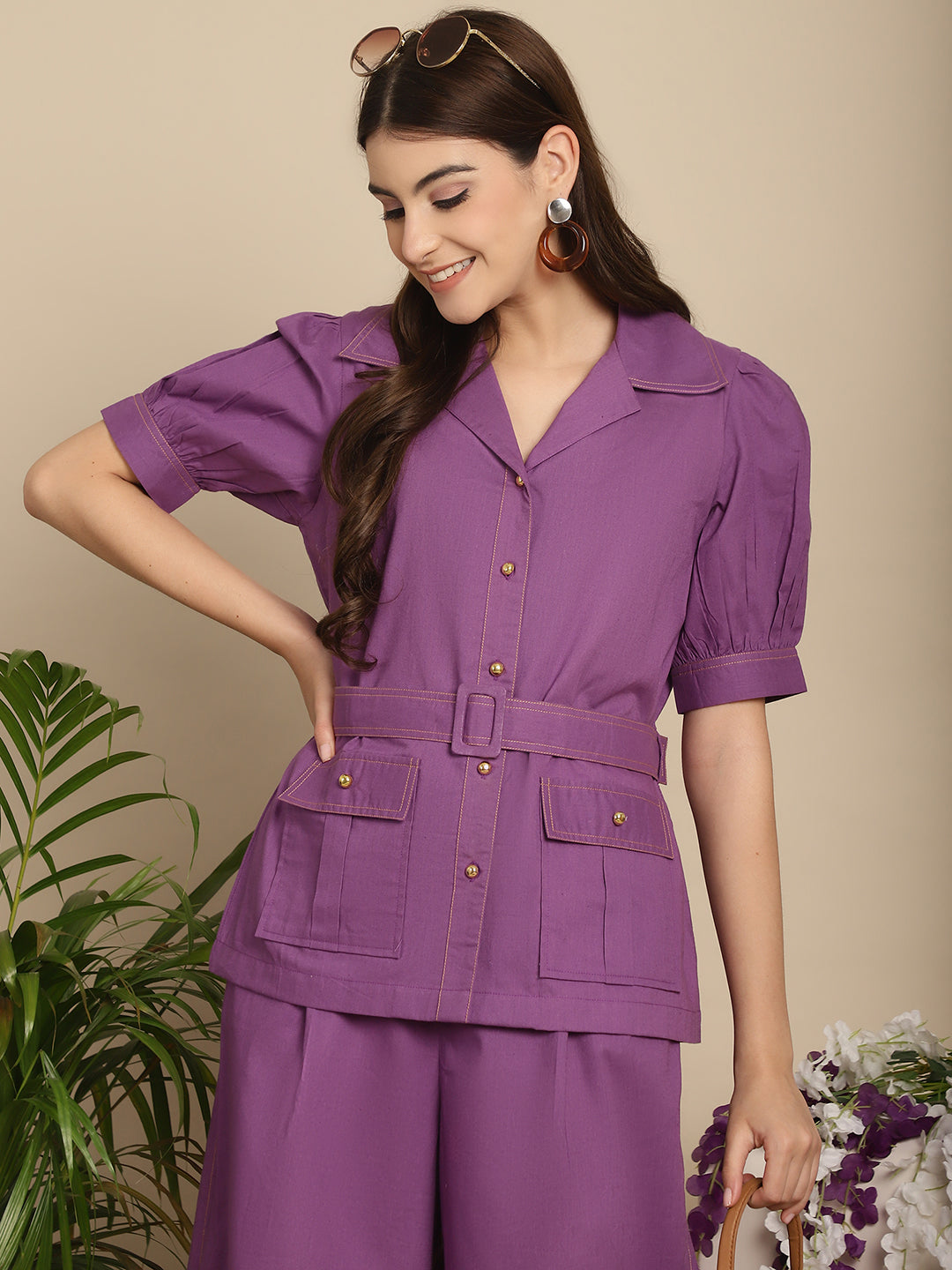 BLANC9 Purple Co-Ord Sets With Belt-B9ST170