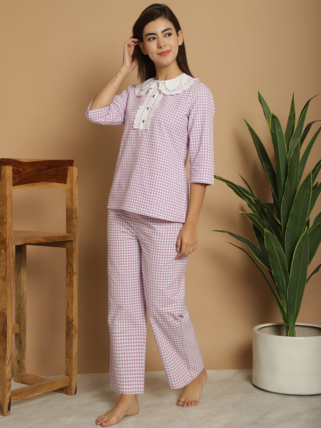 BLANC9 Purple & White Checkered Nightwear With Peterpan Collar-B9NW92