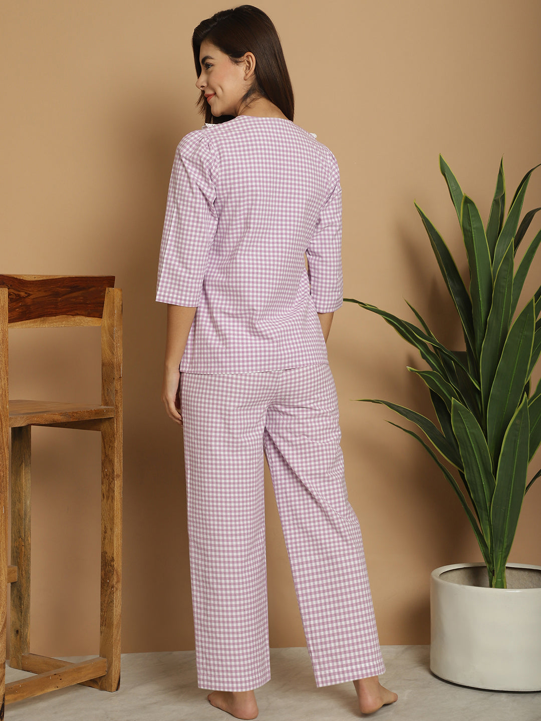 BLANC9 Purple & White Checkered Nightwear With Peterpan Collar-B9NW92