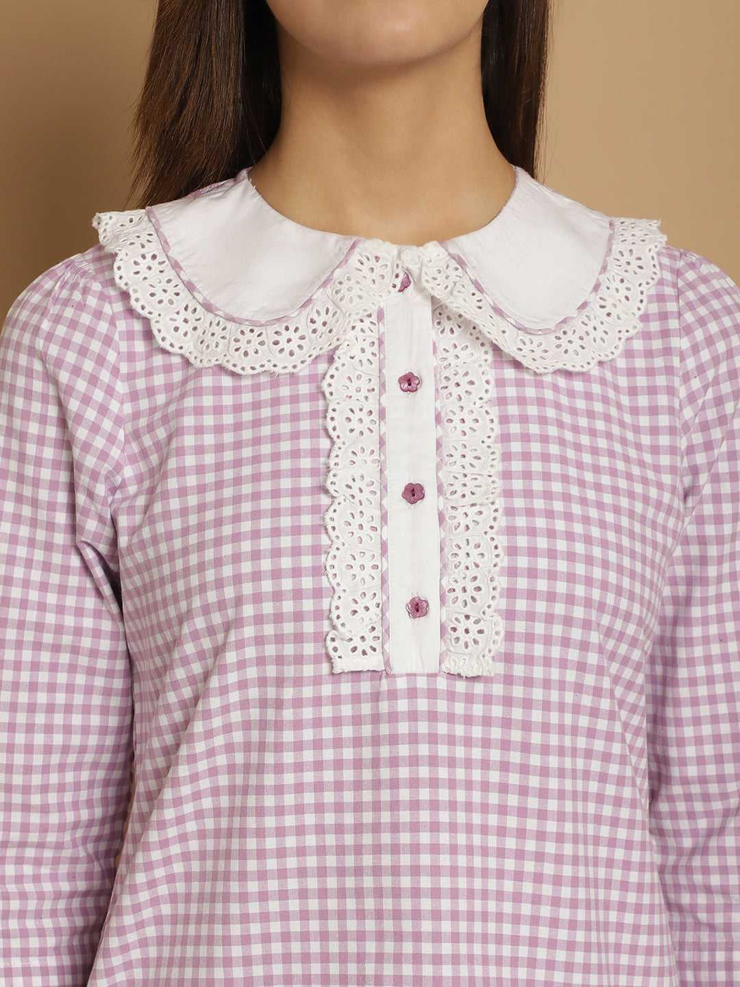 BLANC9 Purple & White Checkered Nightwear With Peterpan Collar-B9NW92