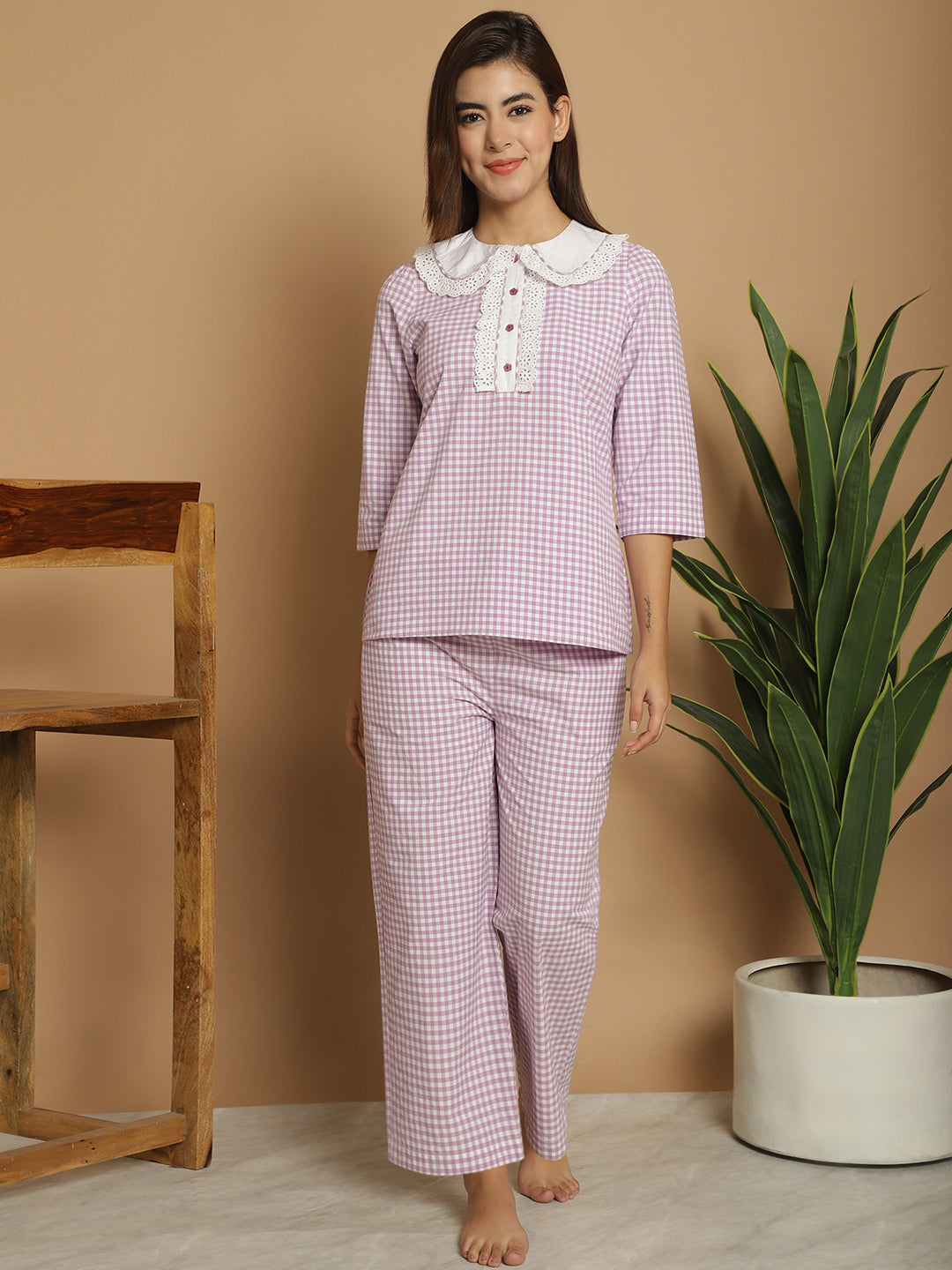 BLANC9 Purple & White Checkered Nightwear With Peterpan Collar-B9NW92