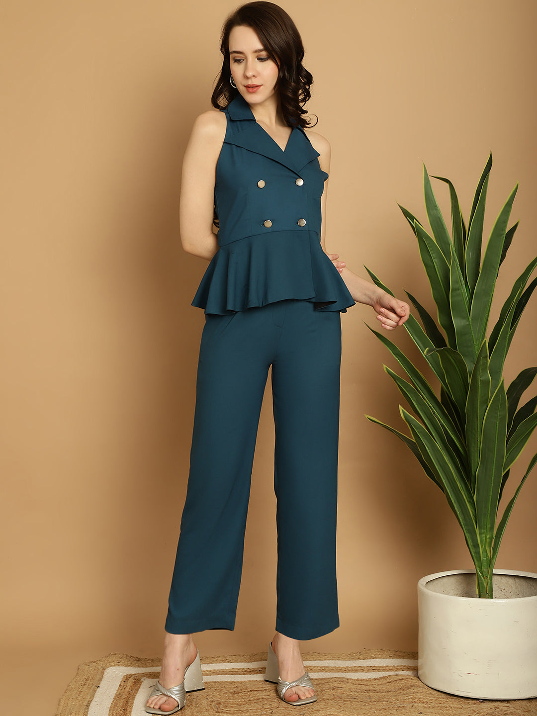 BLANC9 Teal Peplum Blazer Top With Trouser -B9ST74T