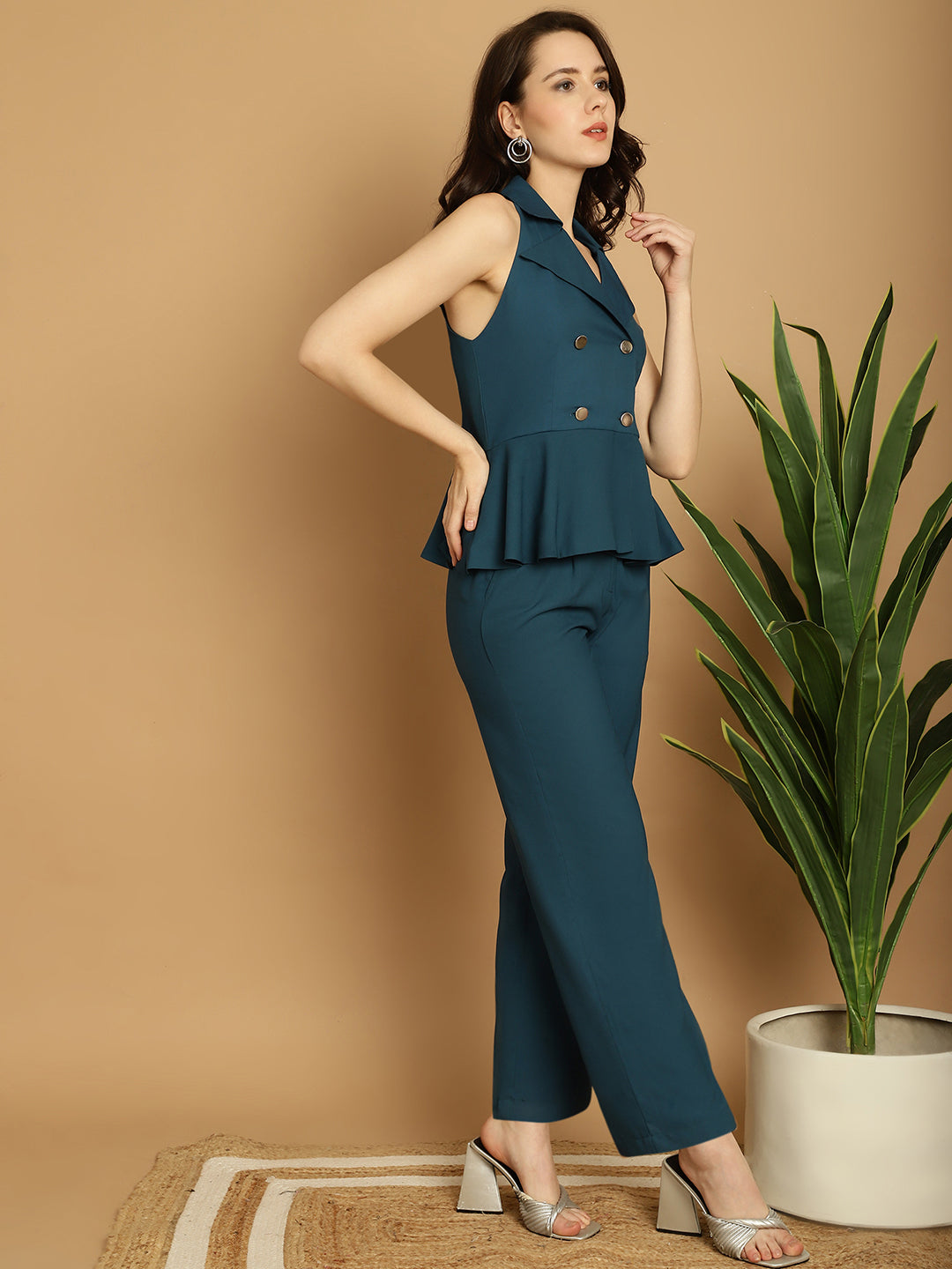 BLANC9 Teal Peplum Blazer Top With Trouser -B9ST74T