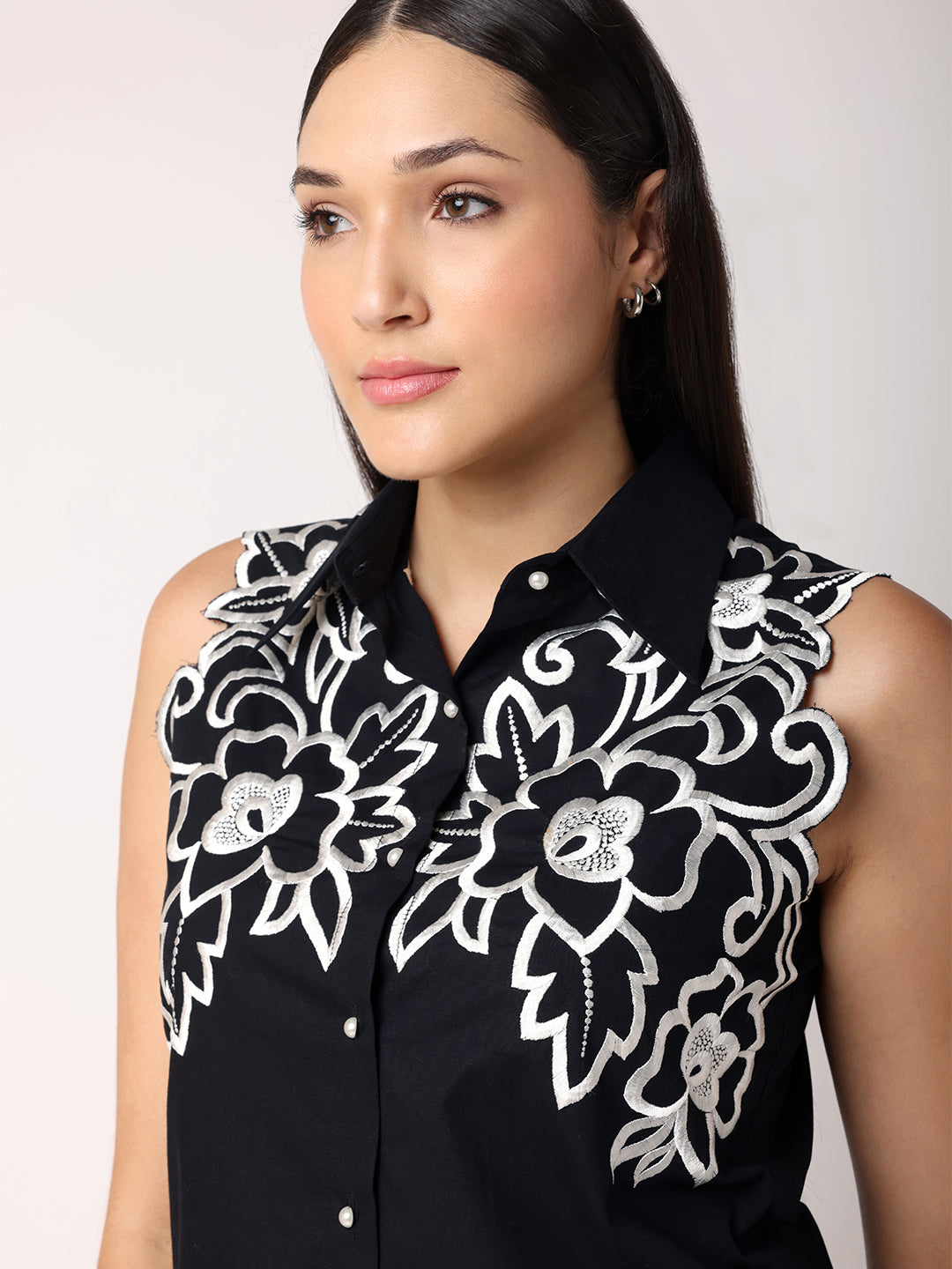 BLANC9 Women Black & White Shirt With Embroidery