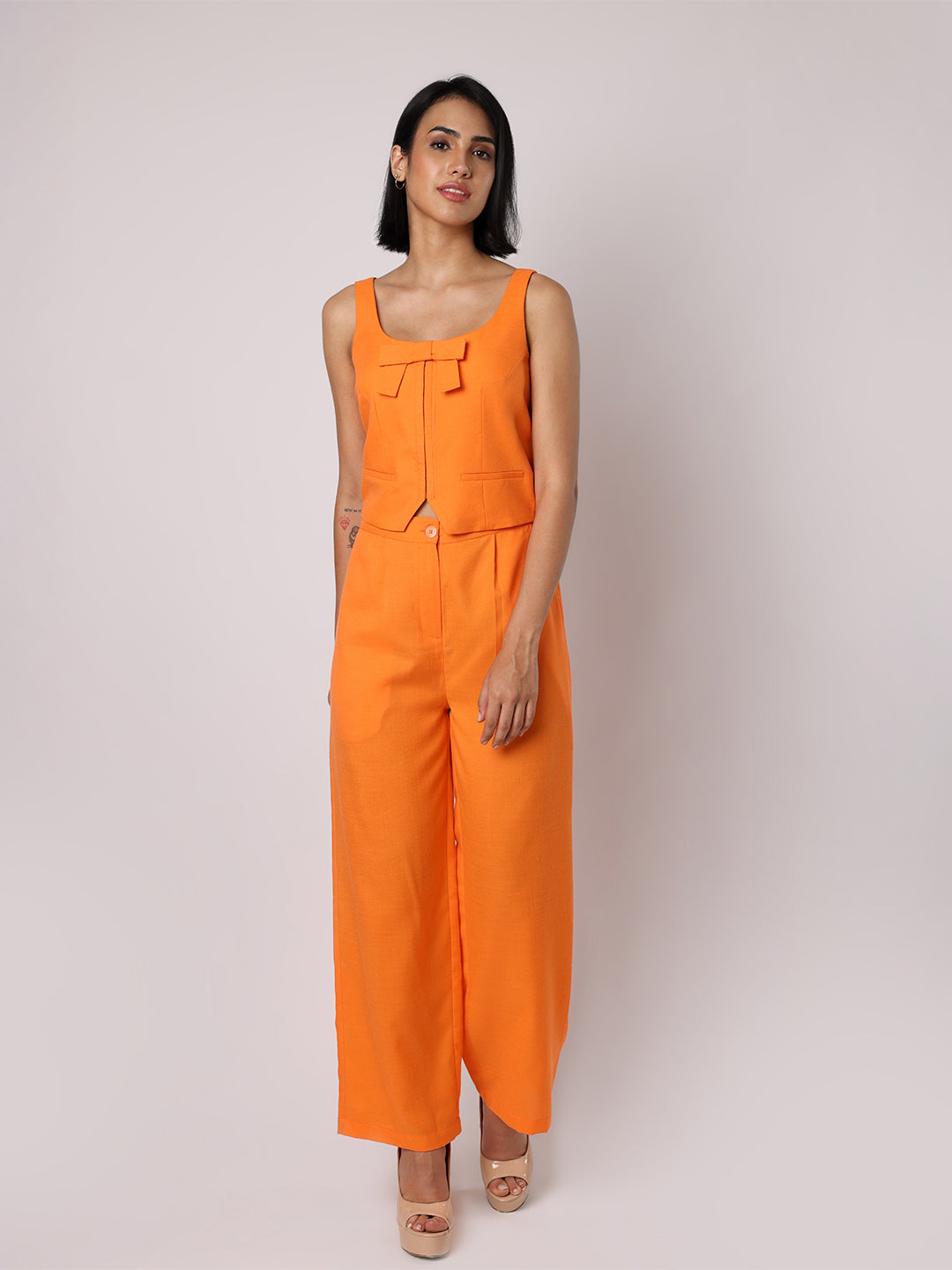 BLANC9 Women Orange Waist Coat With Bow & Trousers