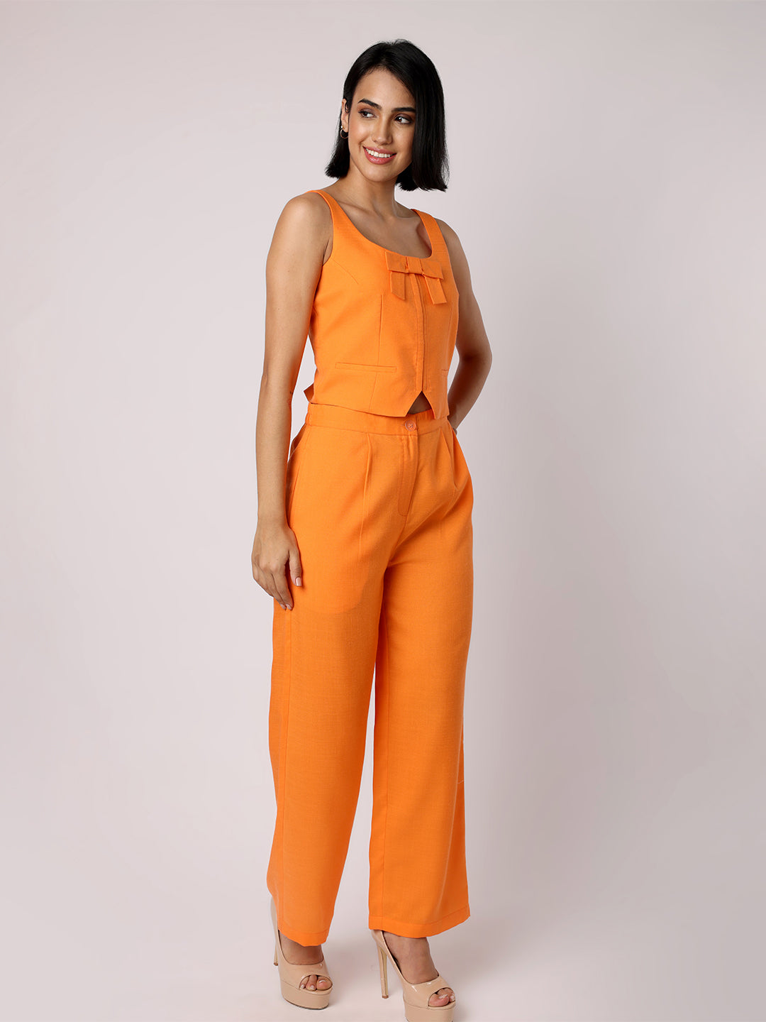 BLANC9 Women Orange Waist Coat With Bow & Trousers