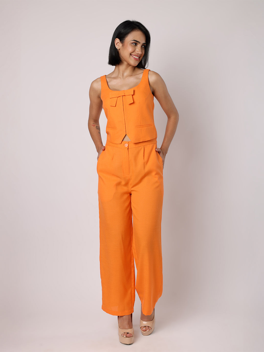 BLANC9 Women Orange Waist Coat With Bow & Trousers