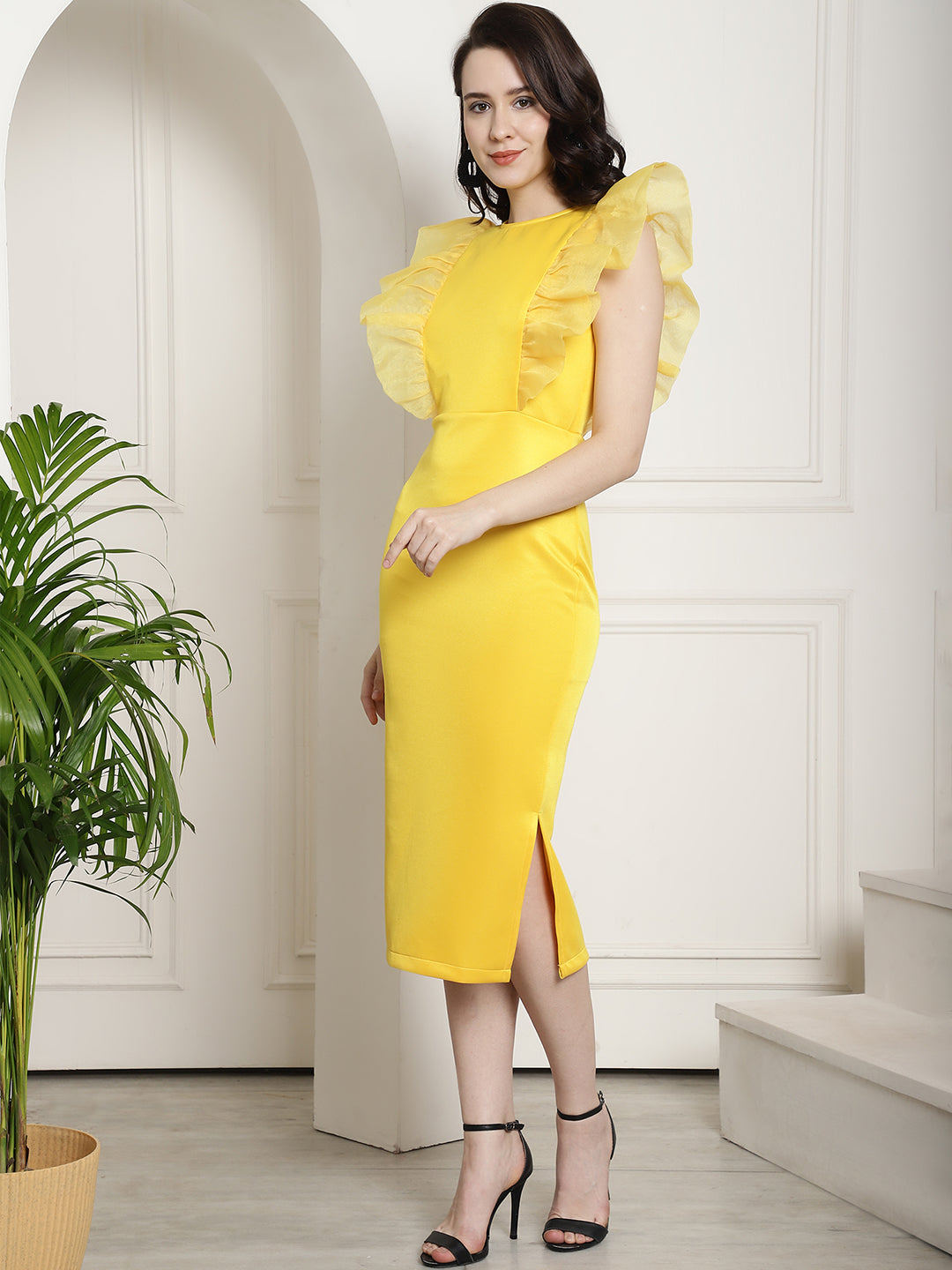 BLANC9 Yellow Dress With Organza Frills-B9DR167