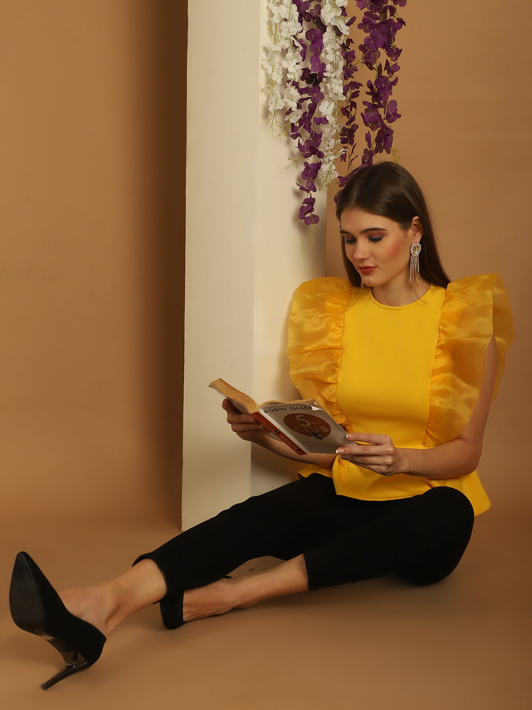 BLANC9 Yellow Peplum Top With Organza Frills-B9TP174Y