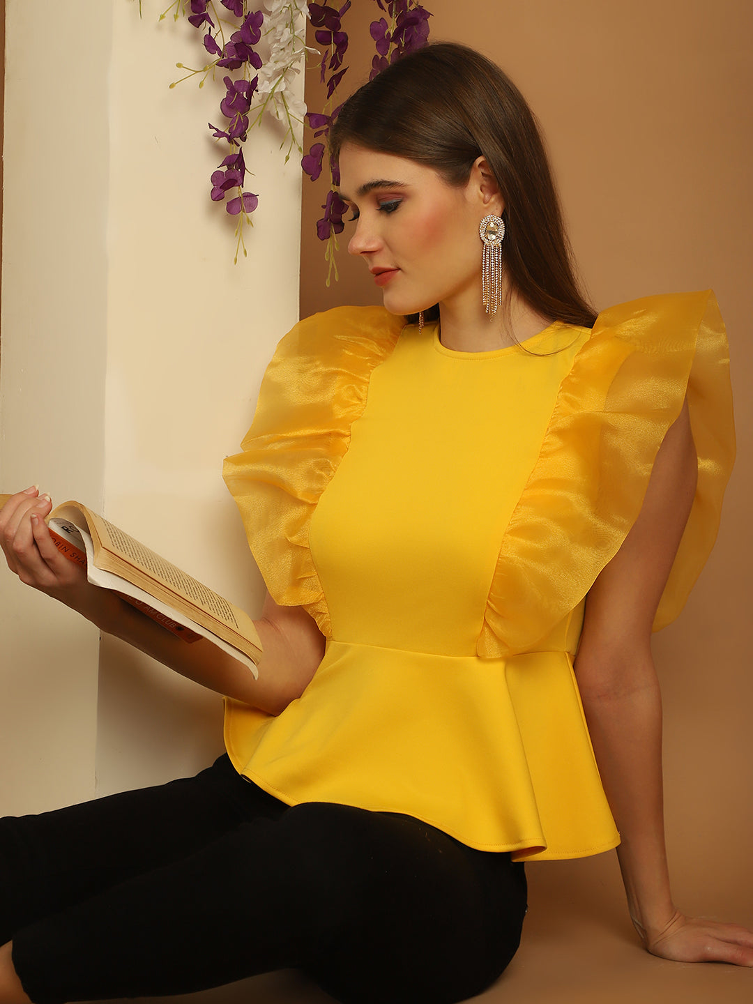 BLANC9 Yellow Peplum Top With Organza Frills-B9TP174Y