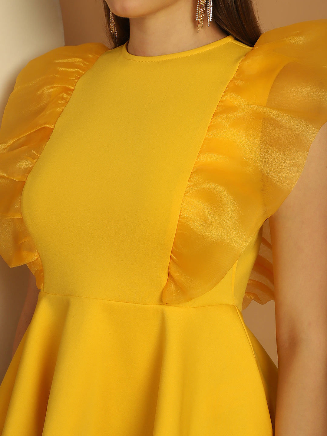 BLANC9 Yellow Peplum Top With Organza Frills-B9TP174Y