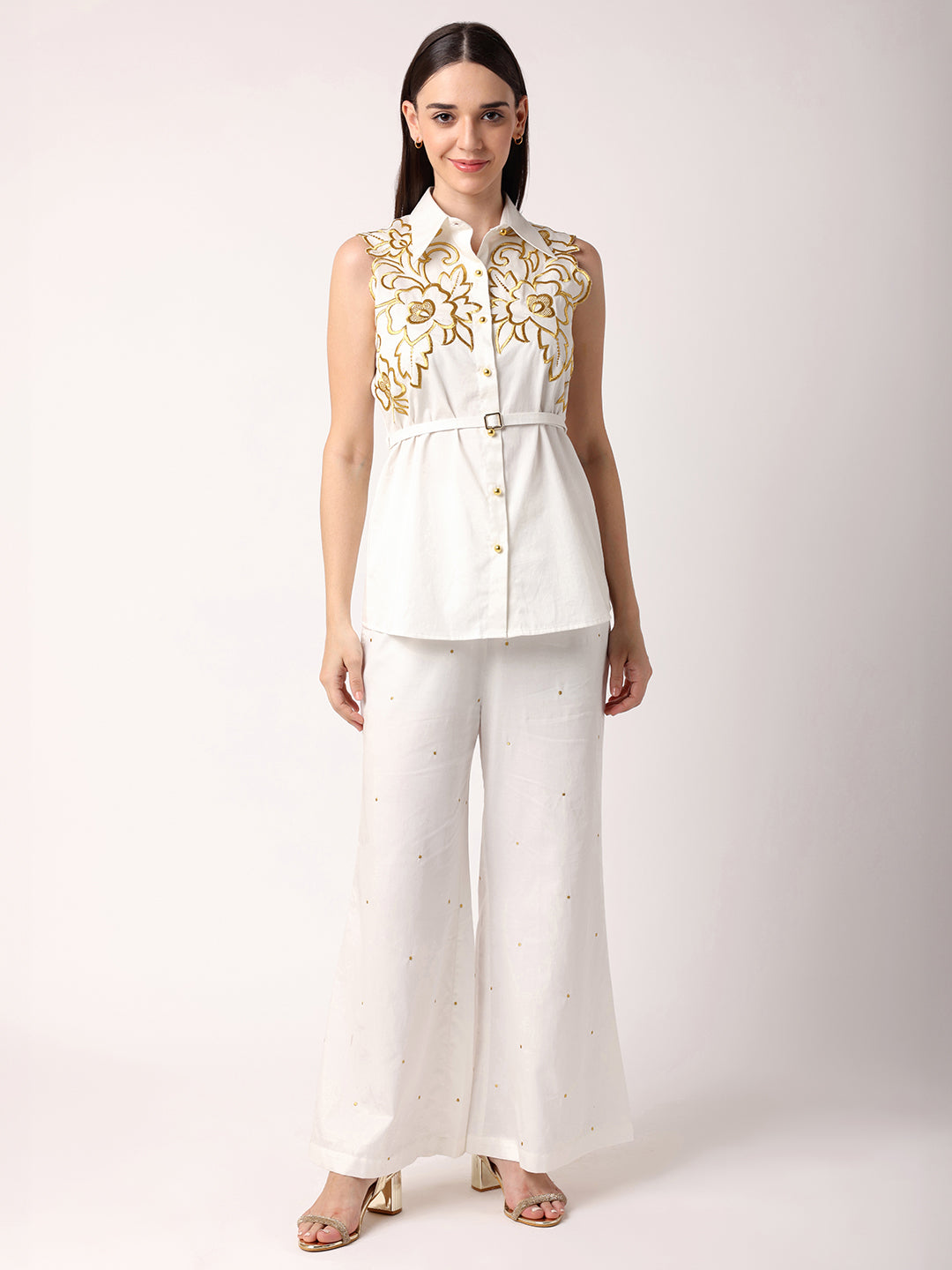 BLANC9 Women White Co-Ord Set With Gold Embroidery
