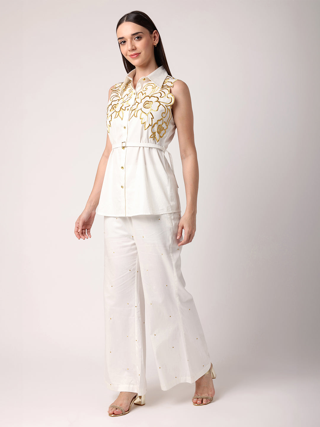 BLANC9 Women White Co-Ord Set With Gold Embroidery