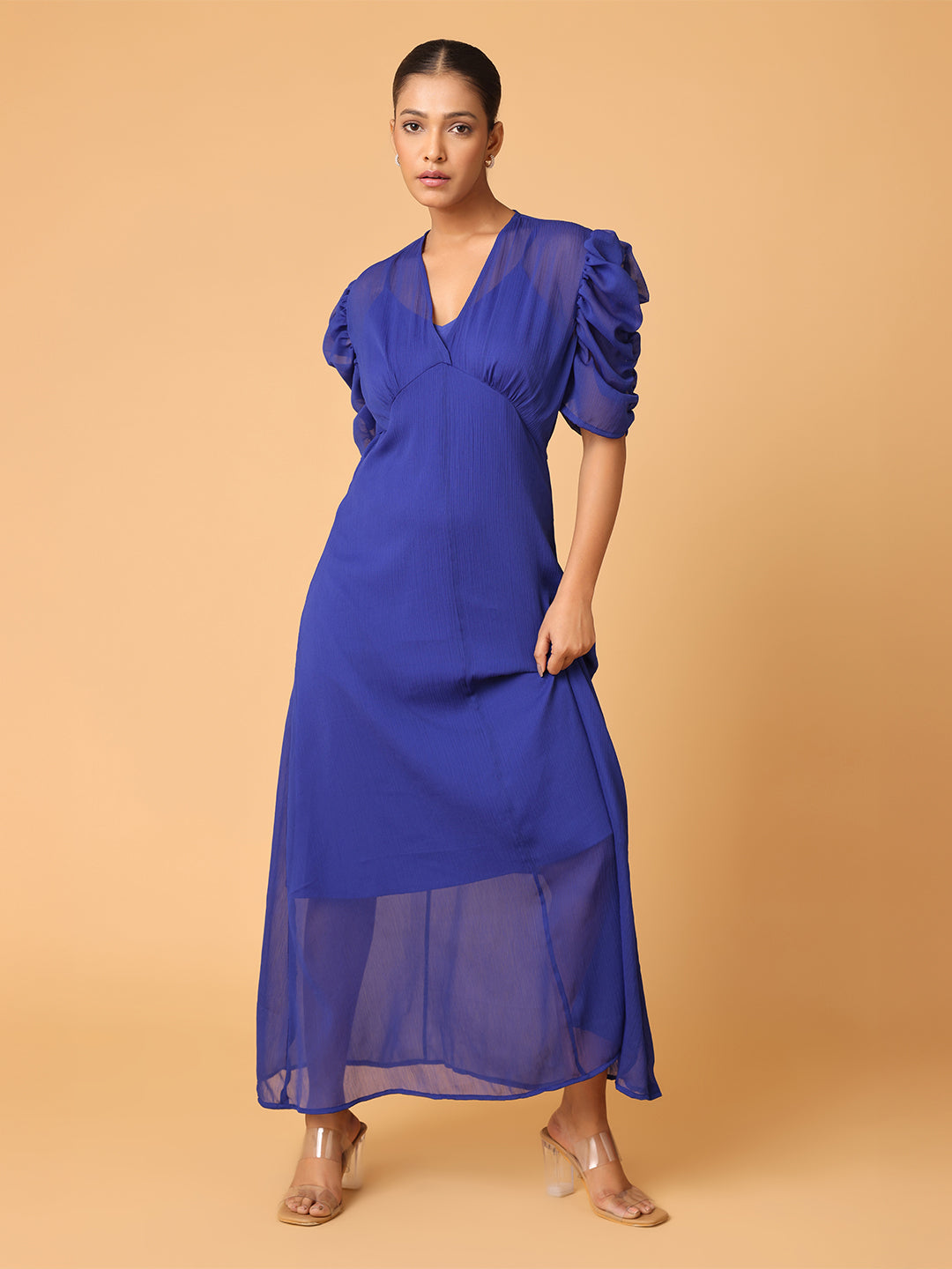 BLanc9 Royal Blue Puffed Cowl Sleeves Dress