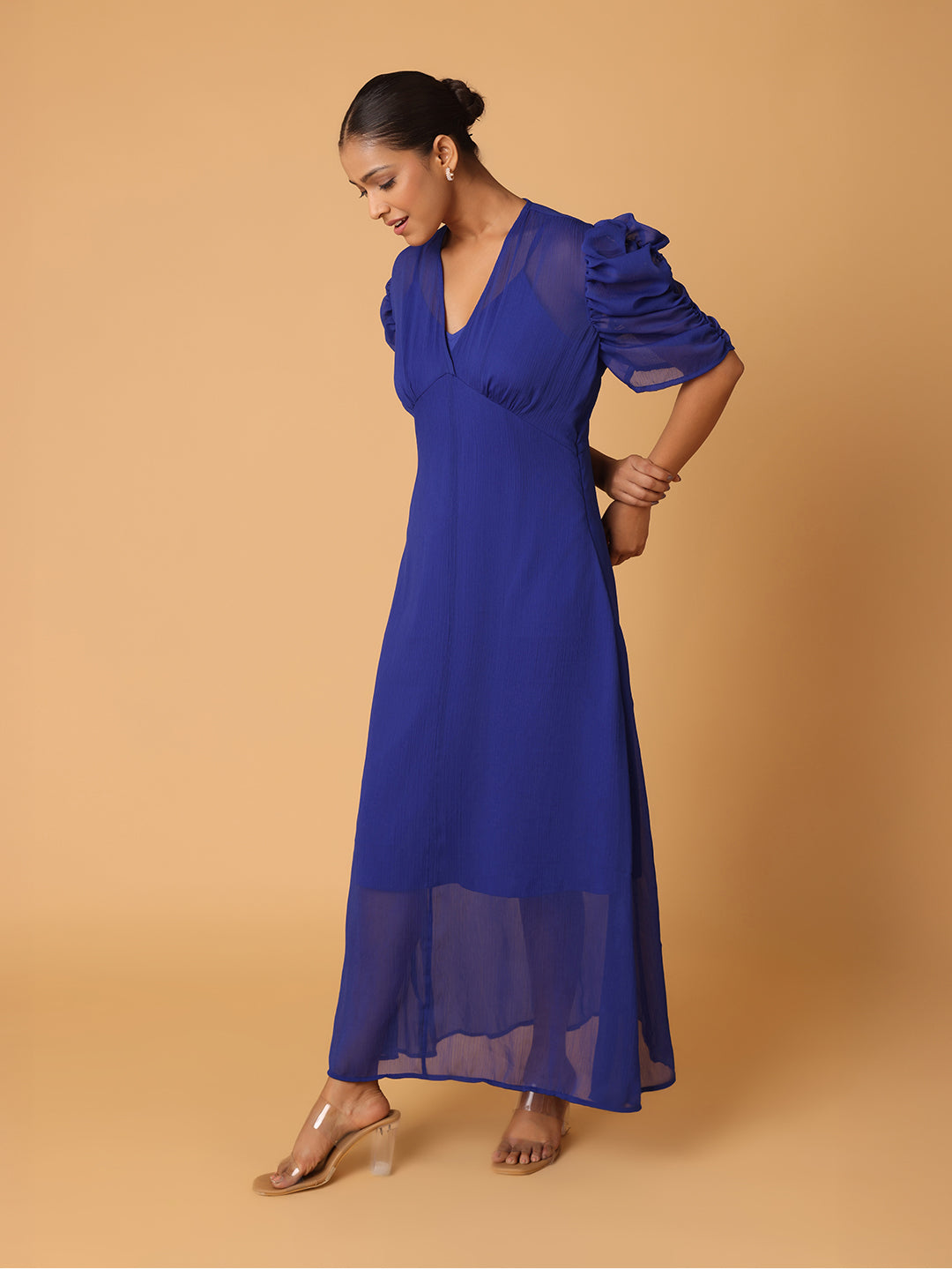 Royal Blue Puffed Cowl Sleeves Dress