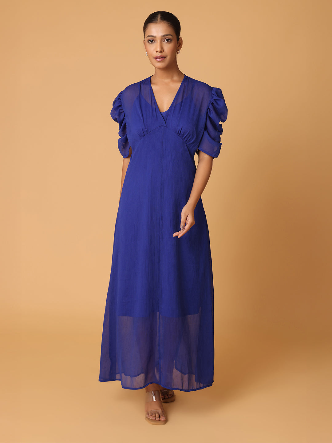 BLanc9 Royal Blue Puffed Cowl Sleeves Dress