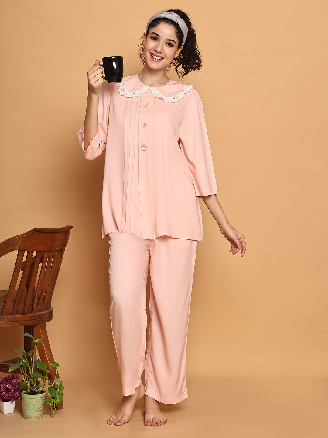 Baby Pink Fringe Lace Collar Nightwear