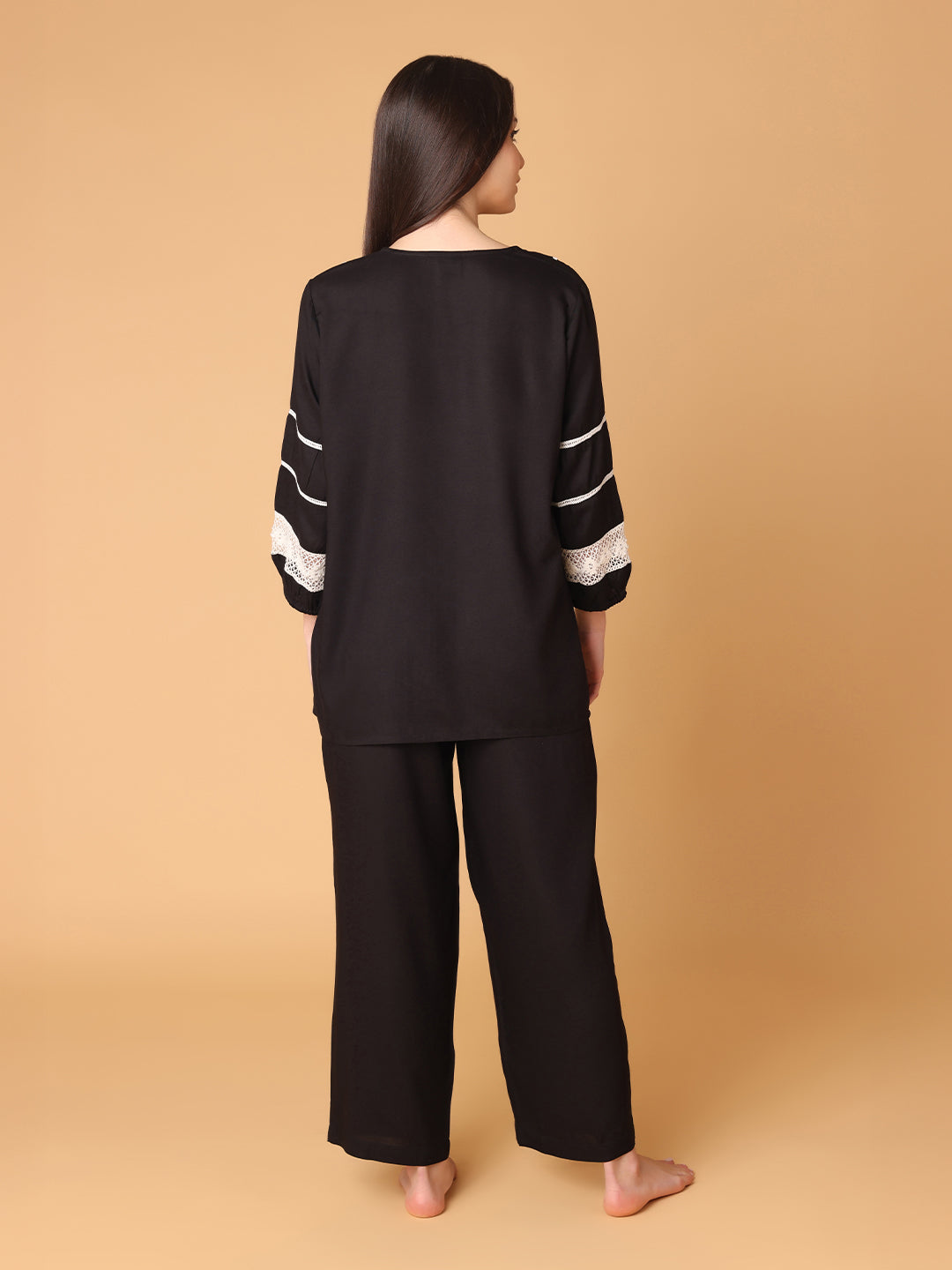 Black Collared Nightwear With Lace Inserts In Sleeves