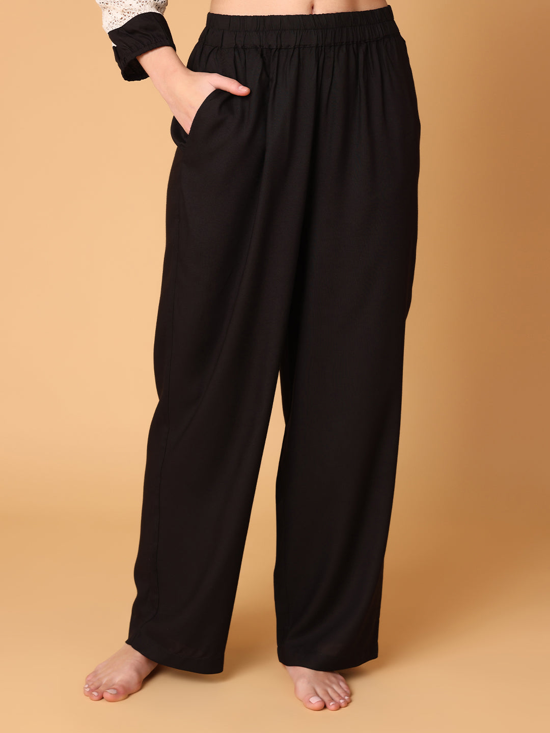 Black Collared Nightwear With Lace Inserts In Sleeves