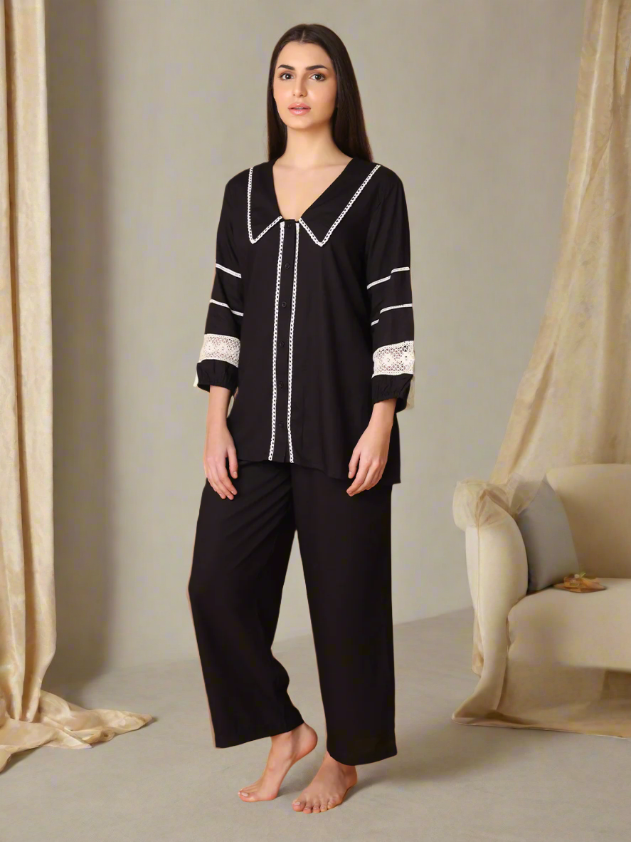 Black Collared Nightwear With Lace Inserts In Sleeves
