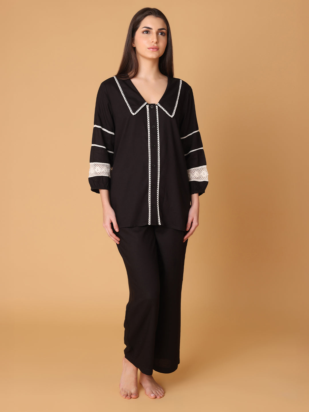 Black Collared Nightwear With Lace Inserts In Sleeves